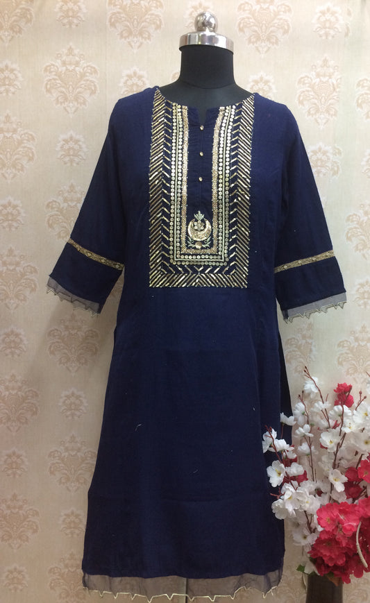 Regal Navy Blue Rayon Kurti with Heavy Gold Sequin & Zari Yoke