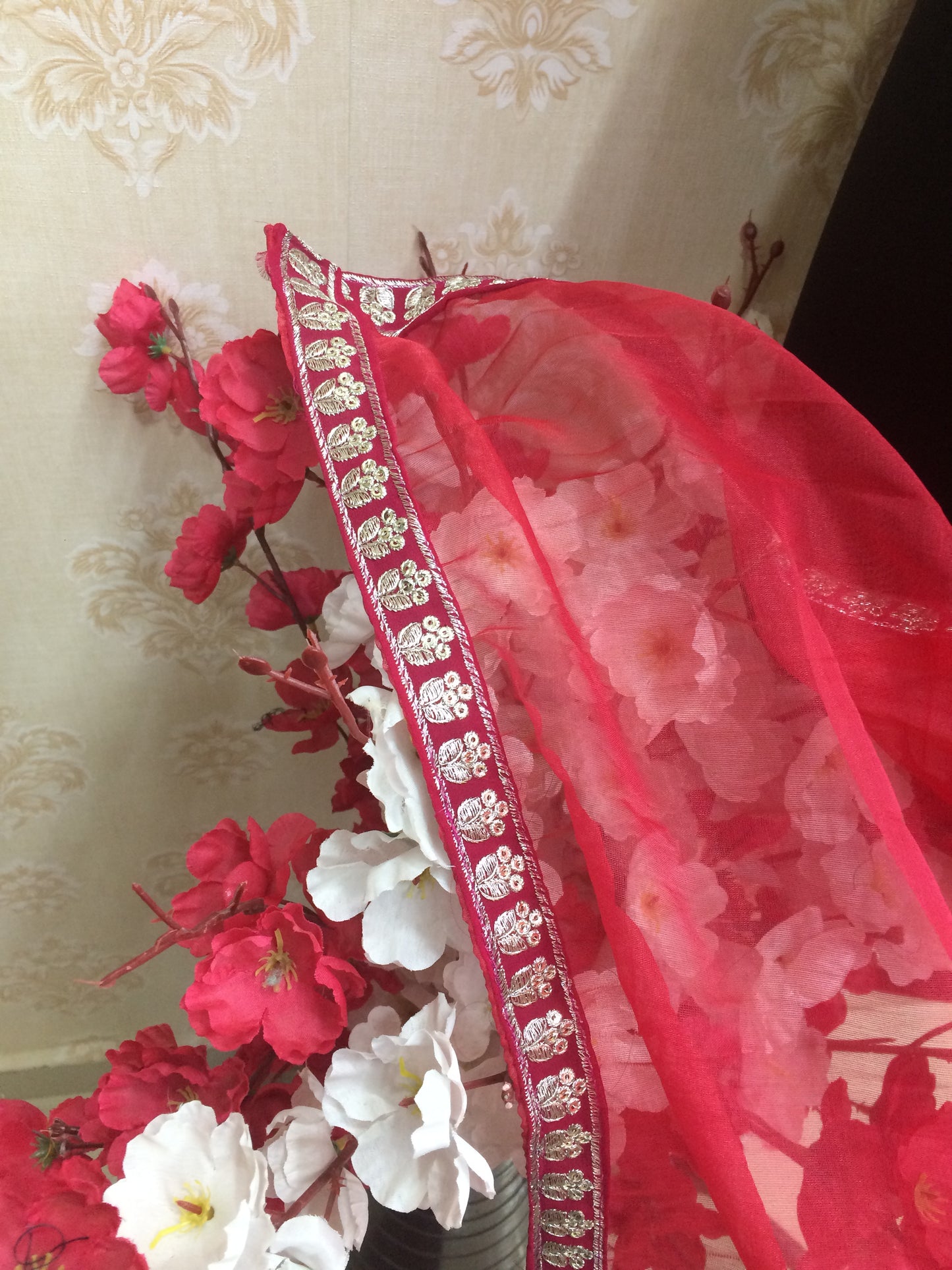 Deep Red Organza Dupatta with Delicate Silver Embroidered Border