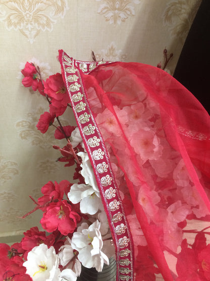 Deep Red Organza Dupatta with Delicate Silver Embroidered Border