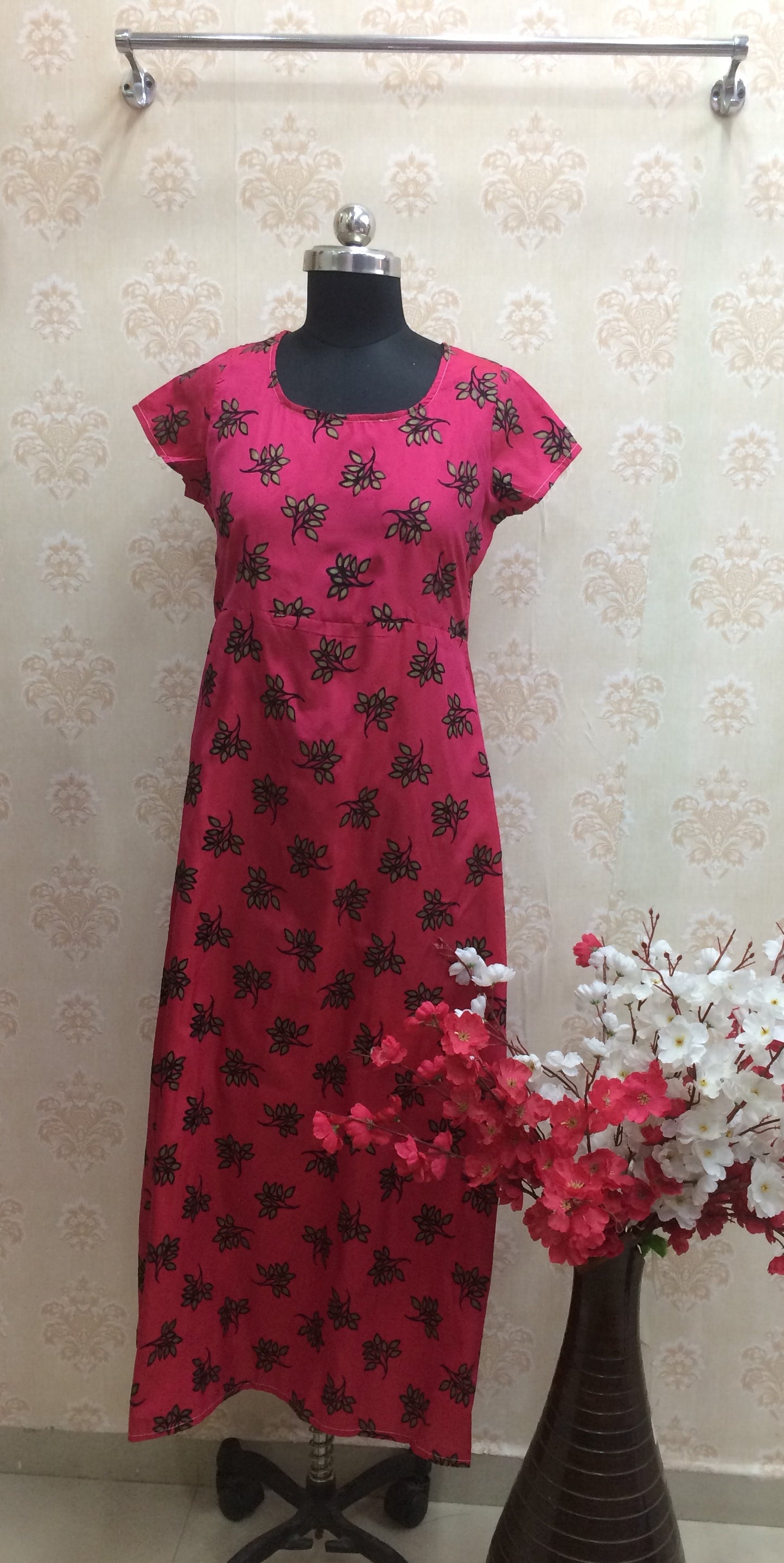 Hot Pink Satin Long Kurti with Leafy Print