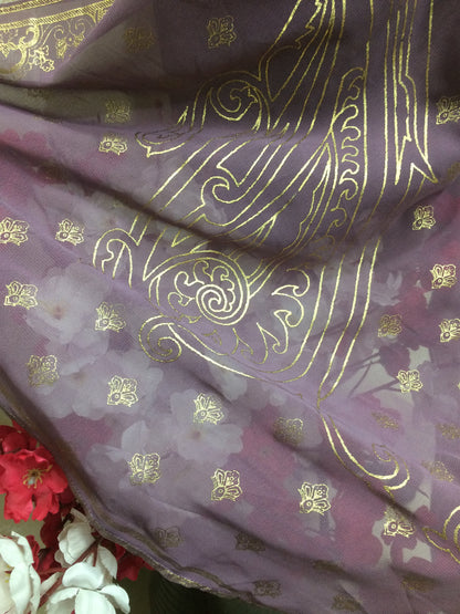 Royal Plum Chiffon Dupatta with Intricate Gold Foil Print