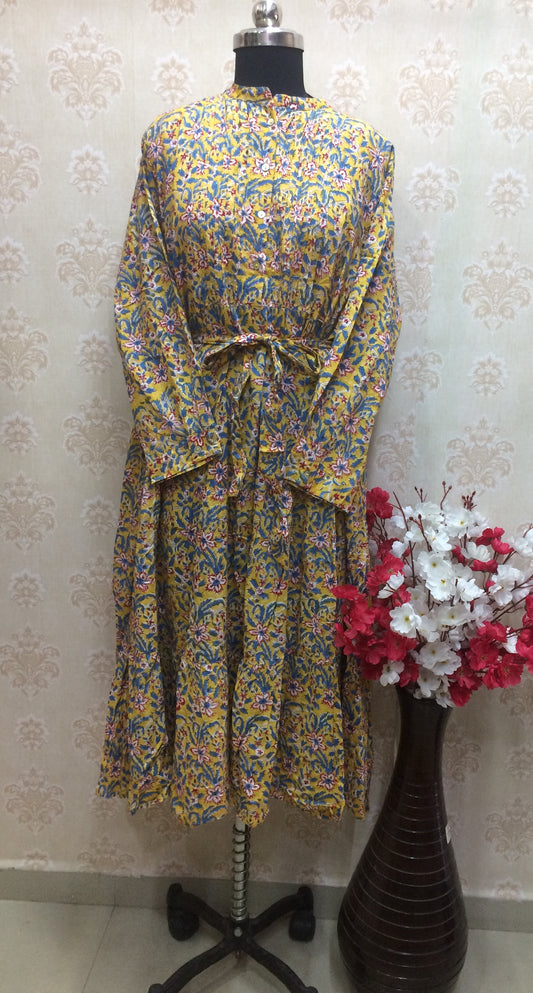 Yellow & Blue Floral Printed Kurti with Tie-Up Waist