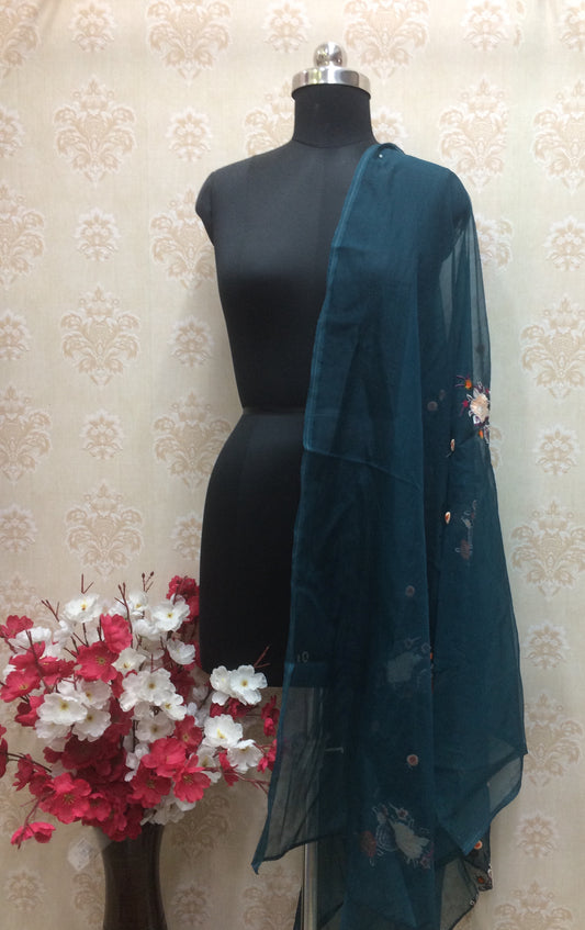 Dark Teal Organza Dupatta with Floral Embroidery
