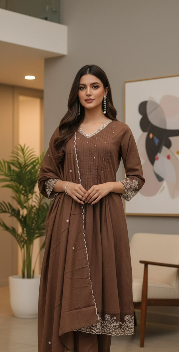 Rich Brown Embroidered Cotton Kurta Set with Dupatta