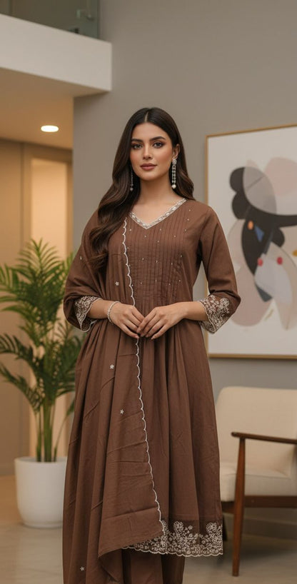 Rich Brown Embroidered Cotton Kurta Set with Dupatta