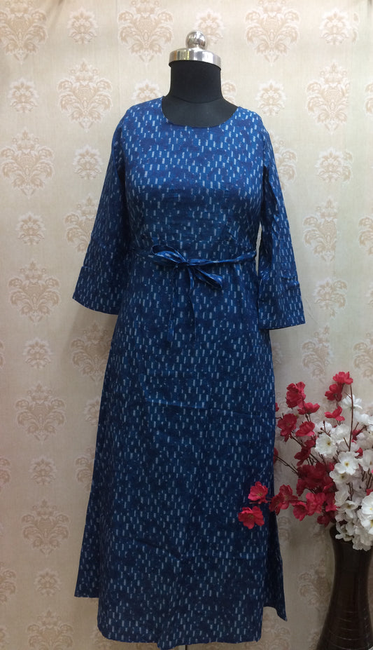 Indigo Blue Ikat Style Printed Cotton Kurti with Adjustable Waist Tie-Up
