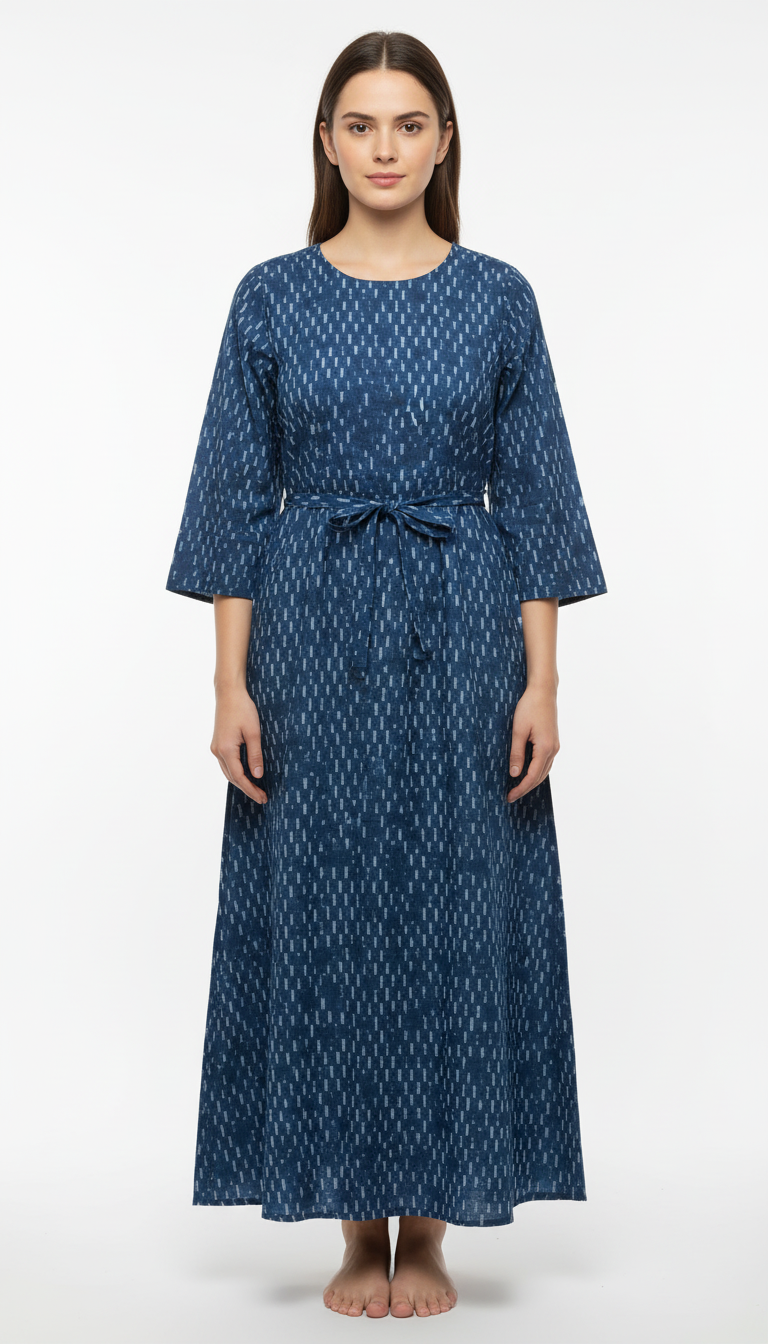 Indigo Blue Ikat Style Printed Cotton Kurti with Adjustable Waist Tie-Up