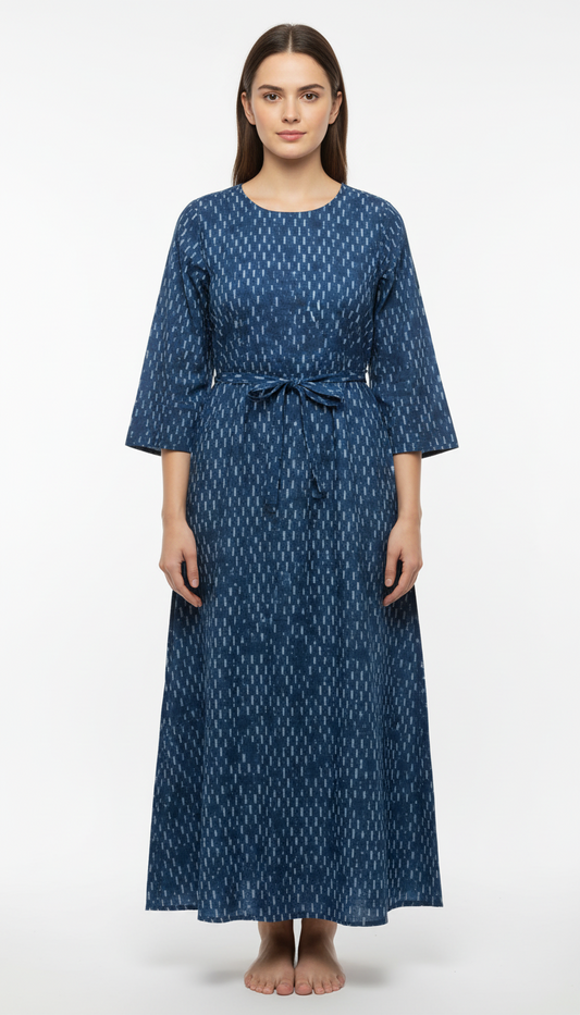 Indigo Blue Ikat Style Printed Cotton Kurti with Adjustable Waist Tie-Up