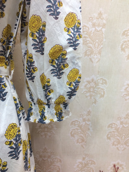 White Cotton Kurti with Yellow & Blue Floral Print