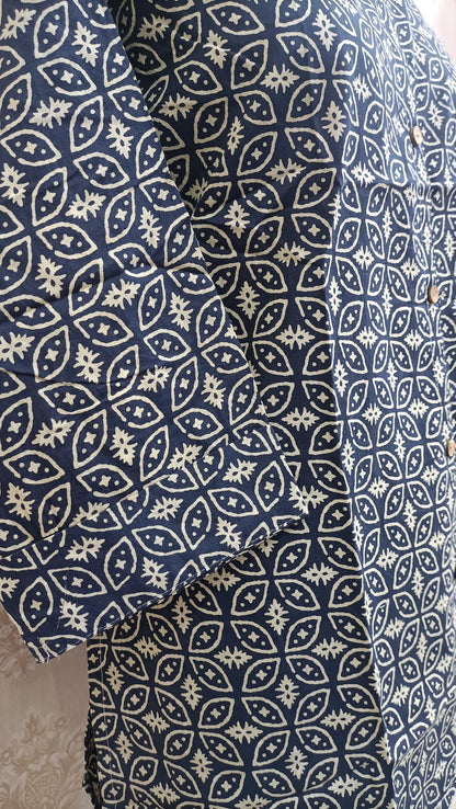 Navy Blue & Cream Geometric Short Kurti