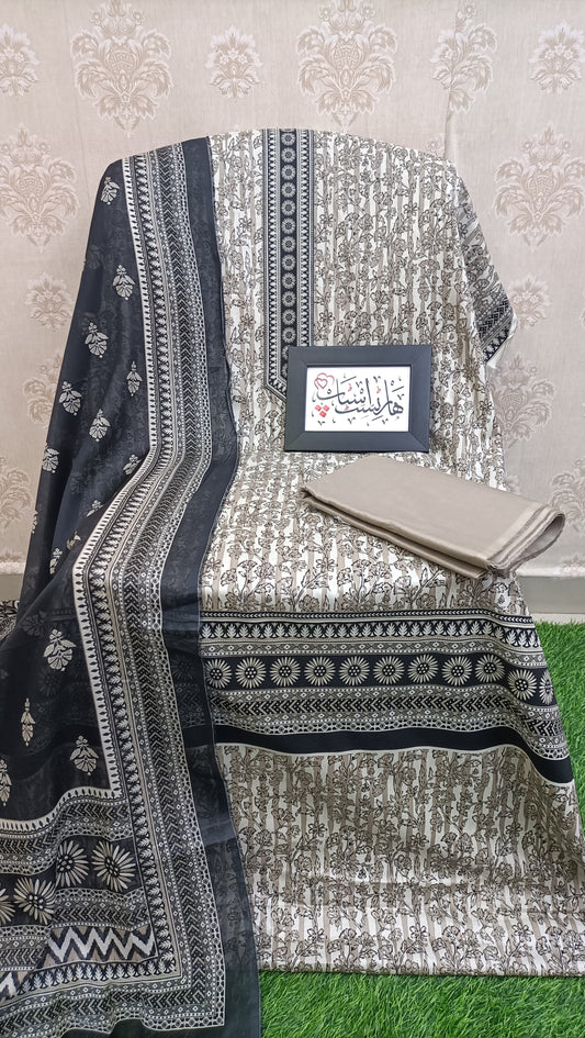 Bin Saeed Unstitched Printed Lawn – Elegant Monochrome Floral