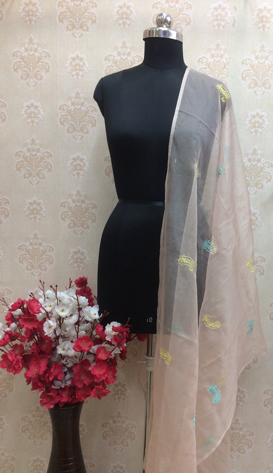 Peach/Nude Organza Dupatta with Paisley Booti Embroidery