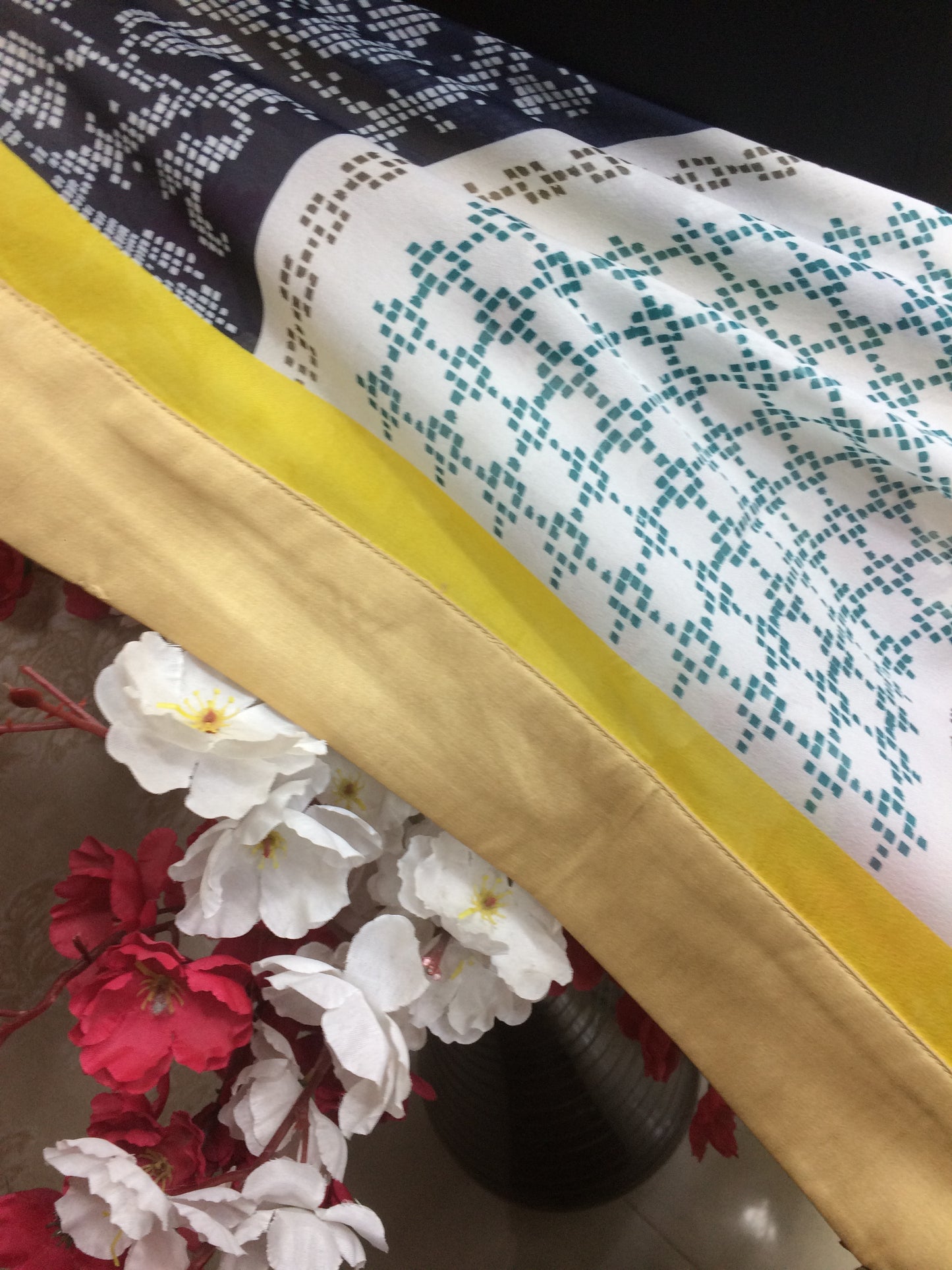 Contemporary Navy & White Printed Chiffon Dupatta with Bold Yellow Trim