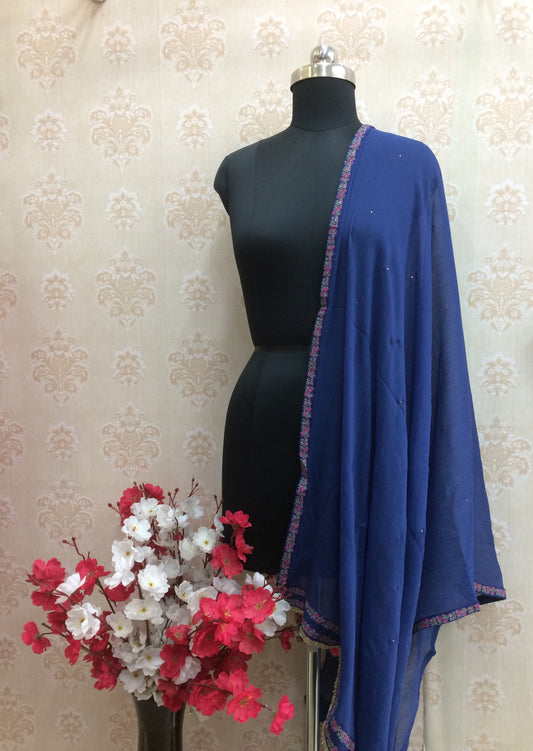 Blue georgette dupatta with floral border lace