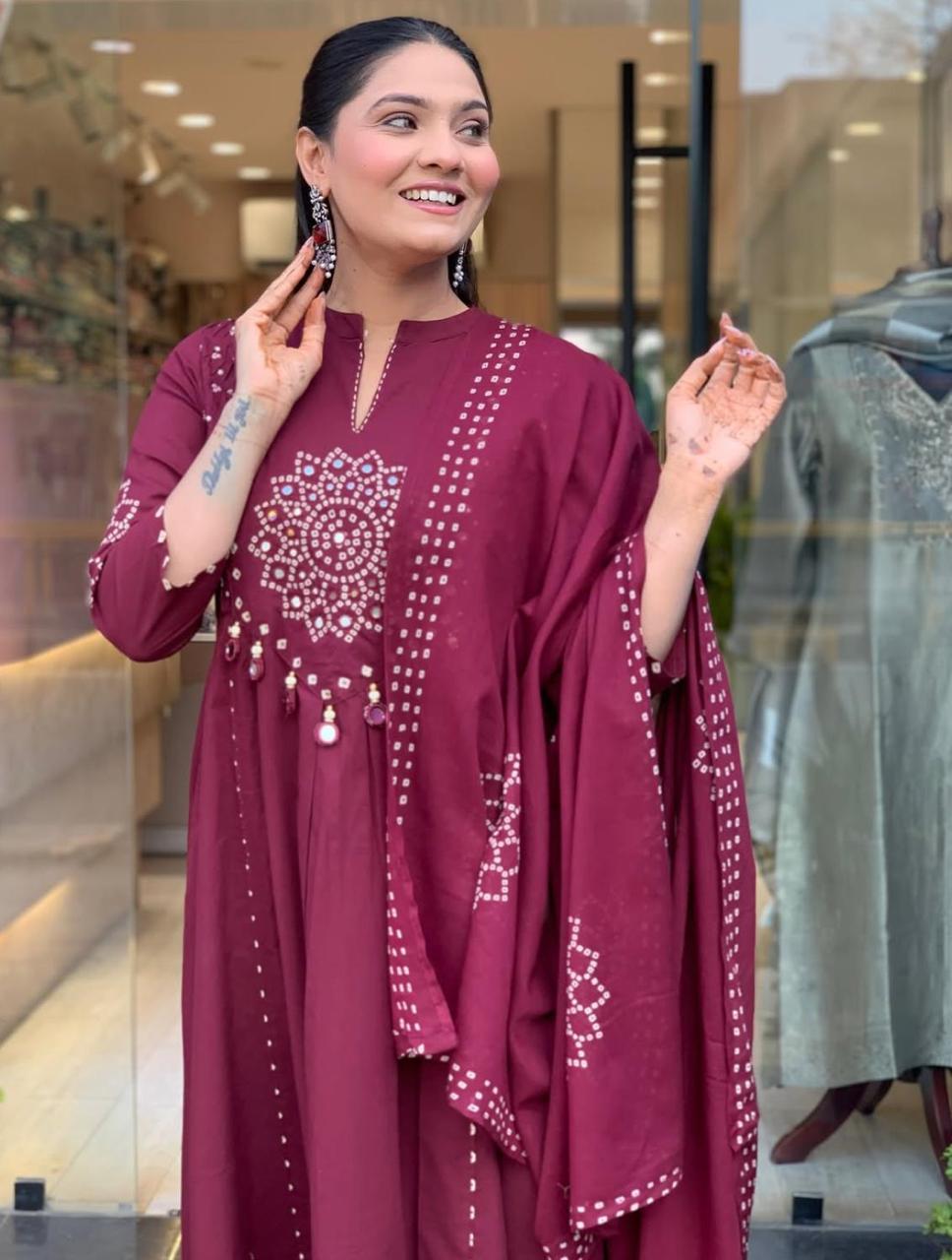 Deep Wine Bandhani Print Anarkali Set with Mirror Work