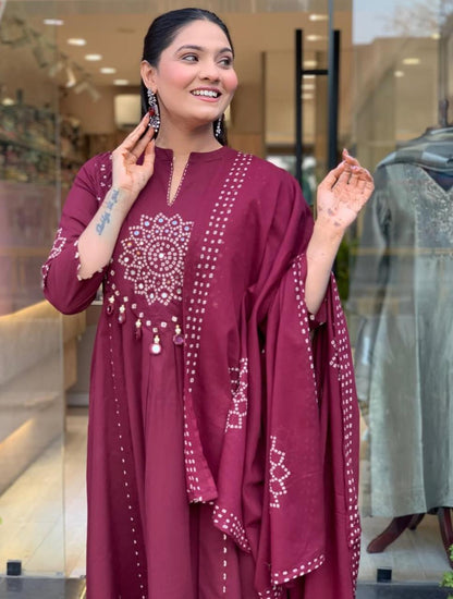 Deep Wine Bandhani Print Anarkali Set with Mirror Work