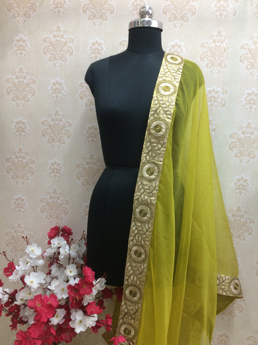 Lime Green Organza Dupatta with Heavy Gold Embroidered Border