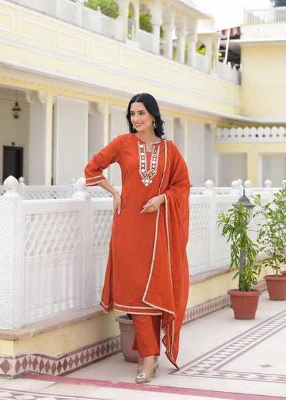 Firoja Rust Orange Mirror Work  Kurta Set