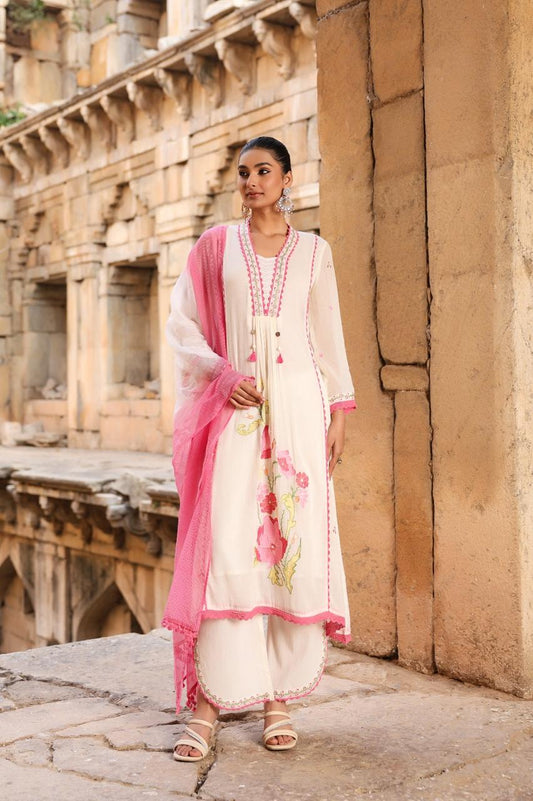 Elegant off white & Pink Floral Embroidered Kurta Set with Dupatta