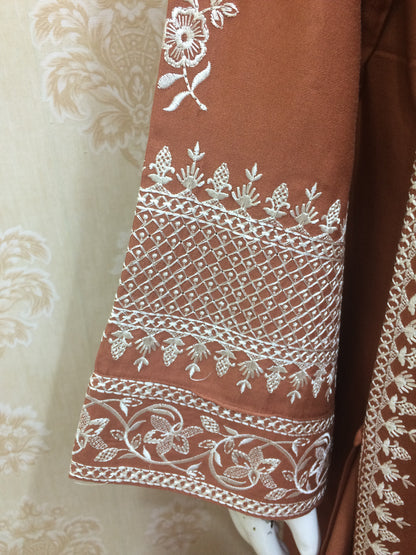 Elegant Embroidered rust and brown rayon Suit Set with Printed Dupatta