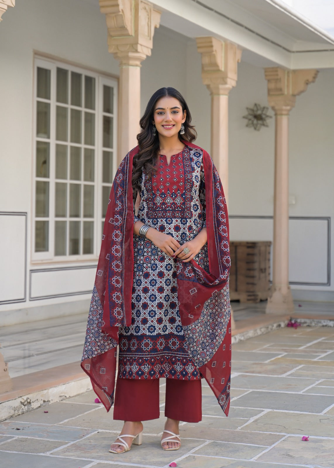 Faeza Ajrakh Print Cotton Kurta Set with Dupatta
