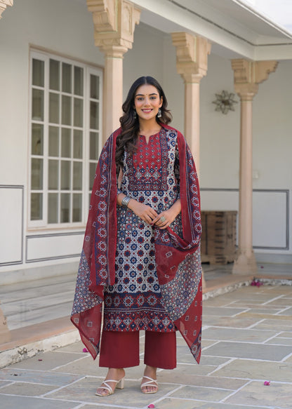 Faeza Ajrakh Print Cotton Kurta Set with Dupatta