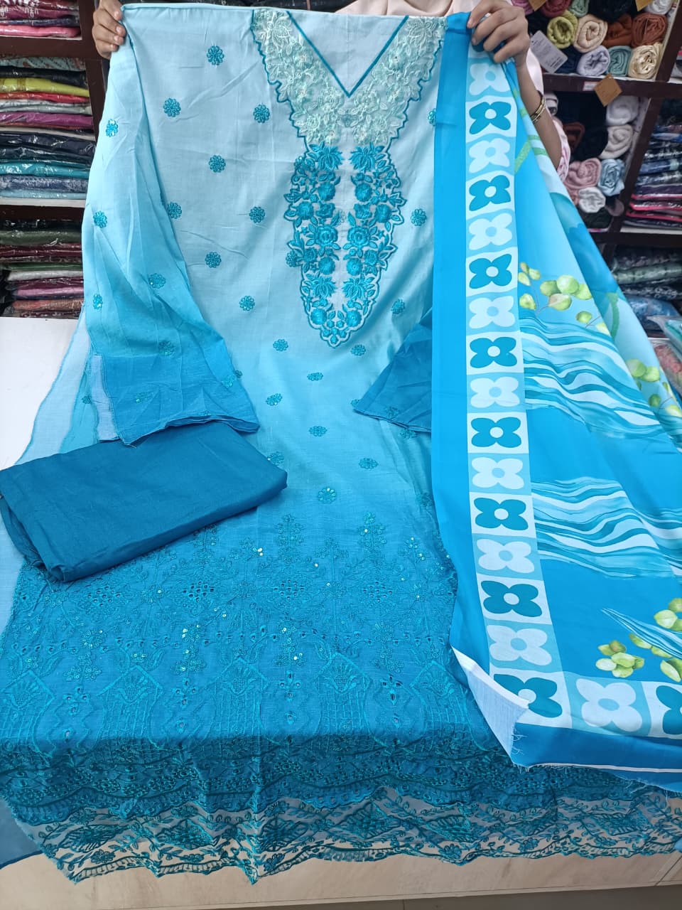 Chikankari Unstitched Suit Set with Floral Digital Print Dupatta