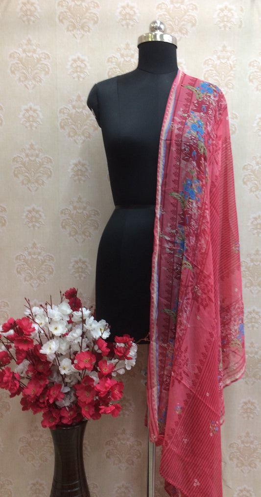 Rose Pink Floral Print Chiffon Dupatta