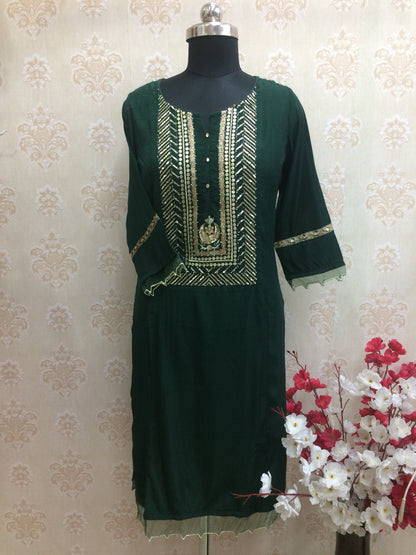 Regal Forest Green Rayon Kurti with Heavy Gold Zari & Sequin Work