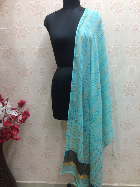 Chanderi Blend Floral & Stripe Print Dupatta in Aqua Blue