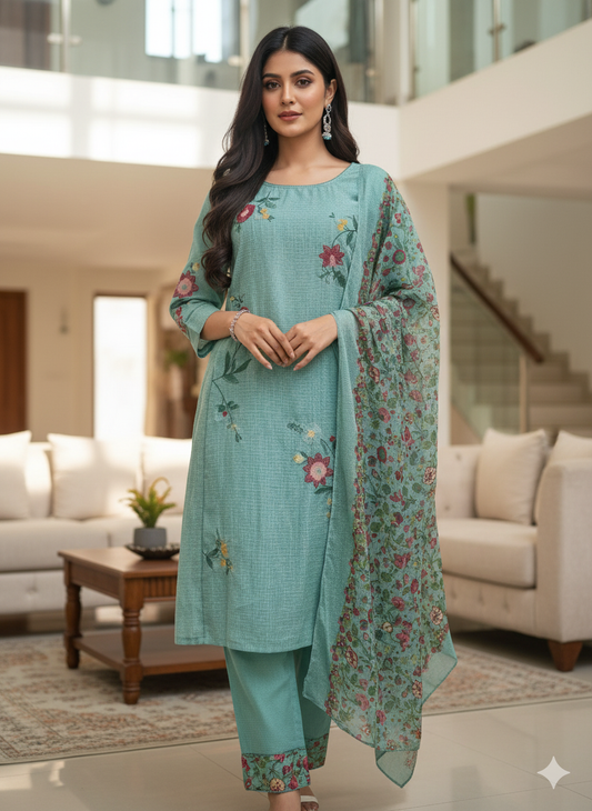 Mint Green Floral Kurta Set with Dupatta | Women's Ethnic Wear