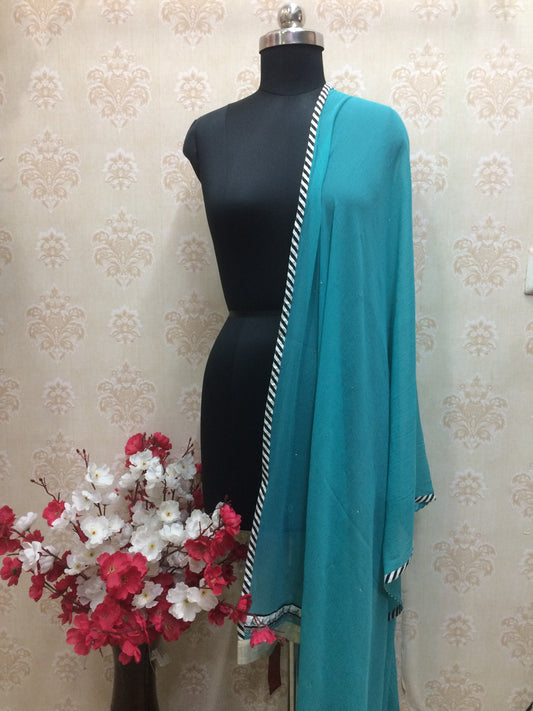 Vibrant Teal Chiffon Dupatta with Black & White Stripe Border