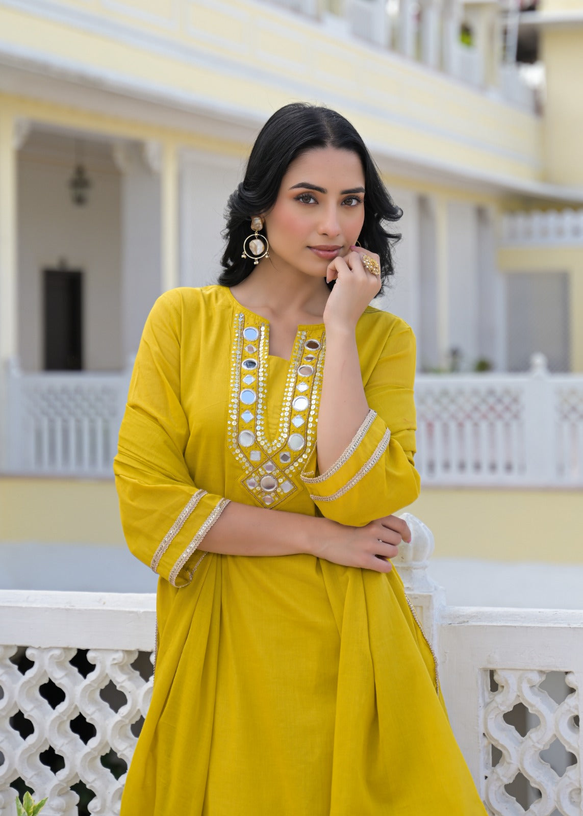 Afnan Yellow Mirror Work Kurta Set