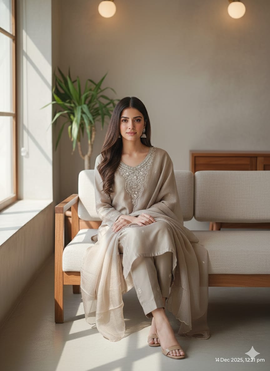 Elegant Beige Sequin & Zari Work Kurta Set with Organza Dupatta