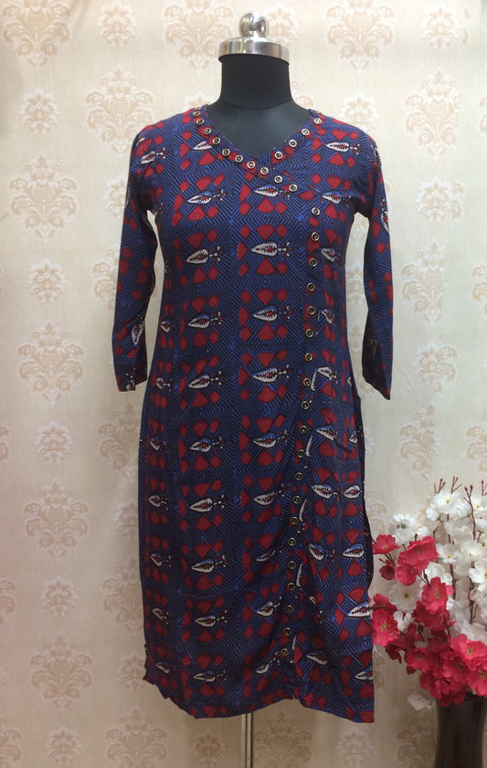 Elegant Navy Blue & Red Printed Kurti with Designer Button Detail