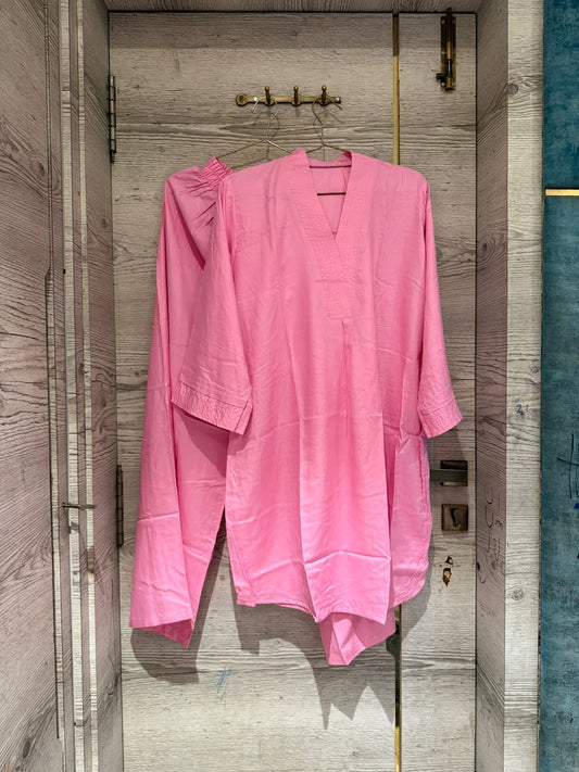 Cotton Co-ord Set - V-Neck Tunic & Wide-Leg Trousers