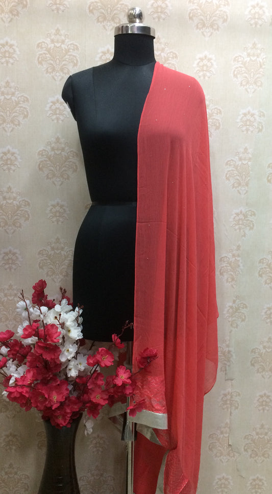 Chiffon carrot colour dupatta with silver lace
