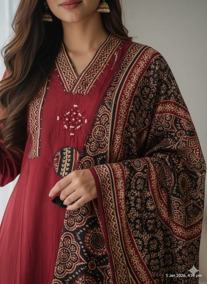 Luna Ajrakh print red 3 pcs set cotton v neck