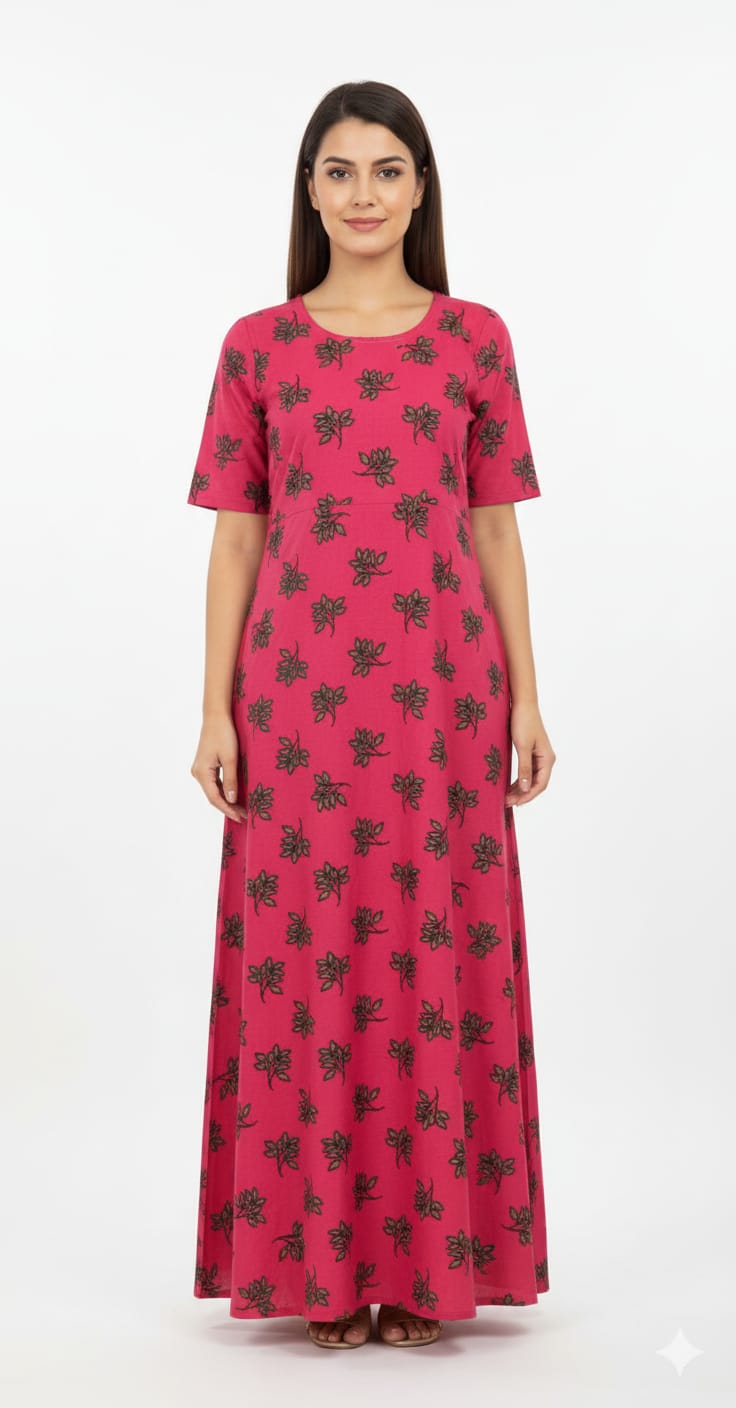 Hot Pink Satin Long Kurti with Leafy Print