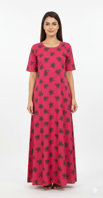 Hot Pink Satin Long Kurti with Leafy Print