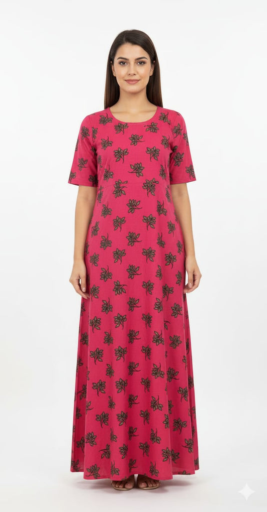 Hot Pink Satin Long Kurti with Leafy Print