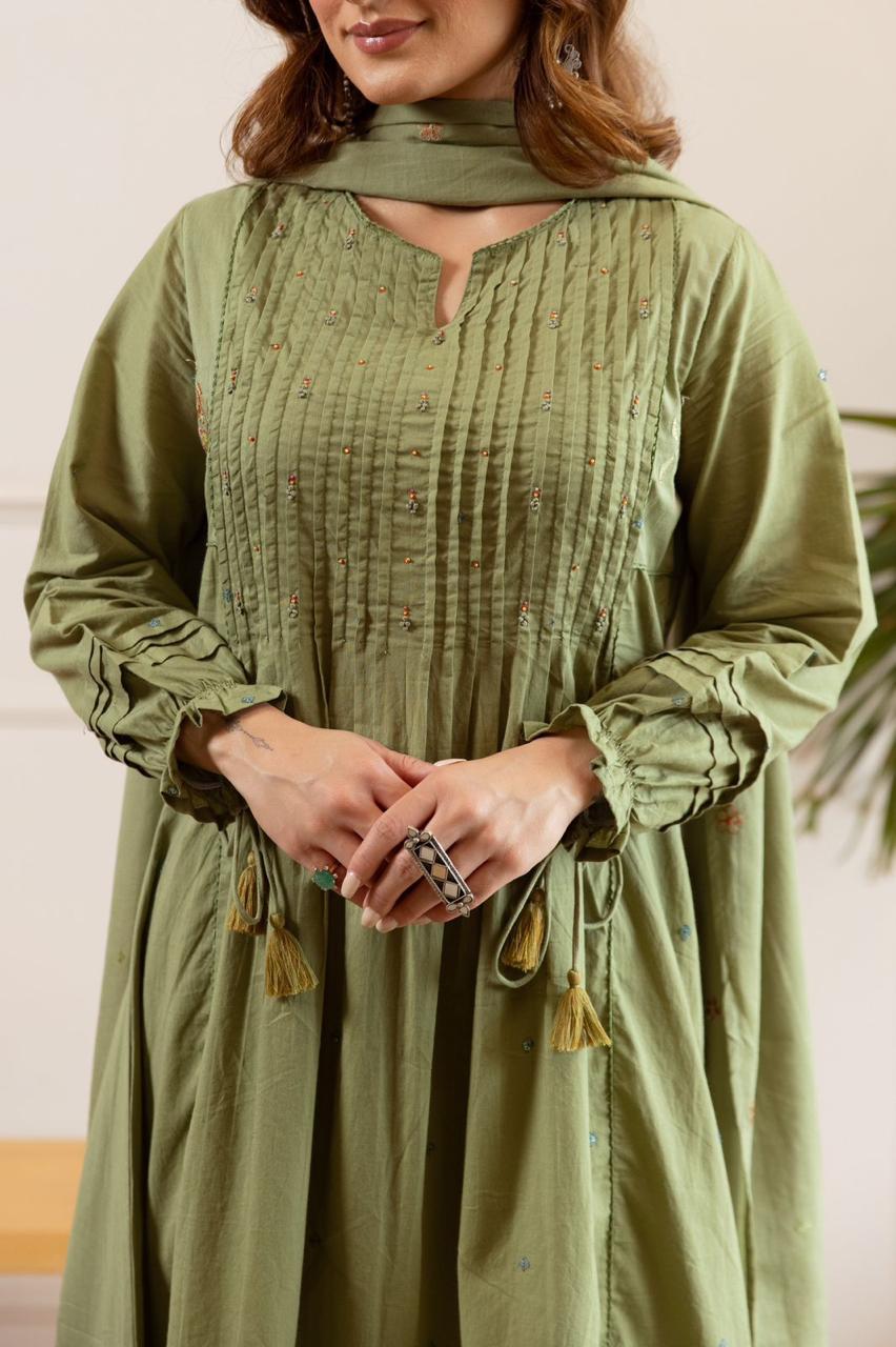 Olive Green Embroidered Cotton Anarkali Suit Set with Dupatta