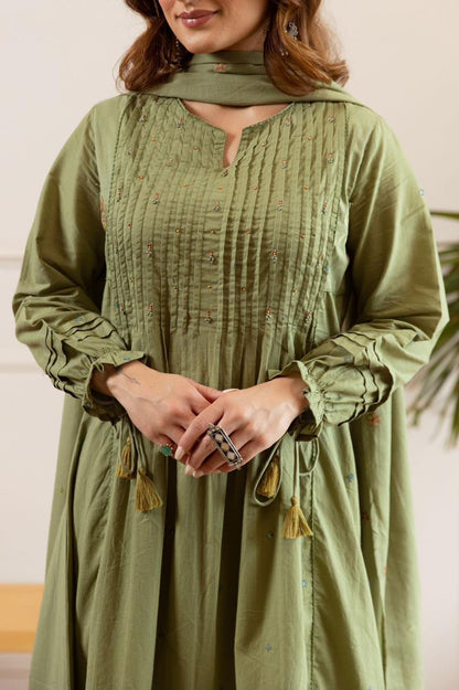 Olive Green Embroidered Cotton Anarkali Suit Set with Dupatta
