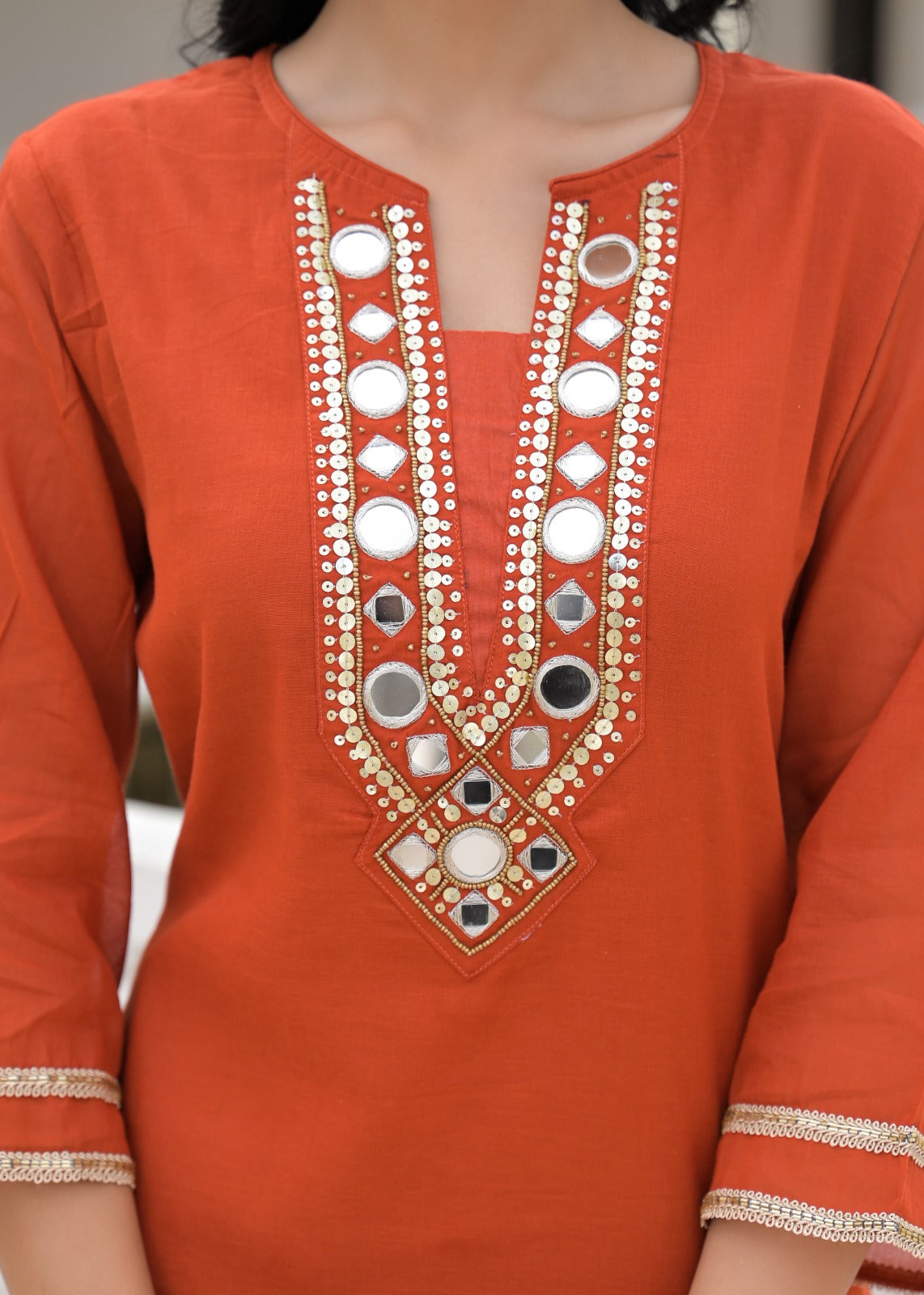Firoja Rust Orange Mirror Work  Kurta Set