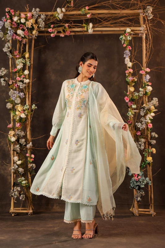 Sea Green Embroidered Front-Slit Anarkali Set