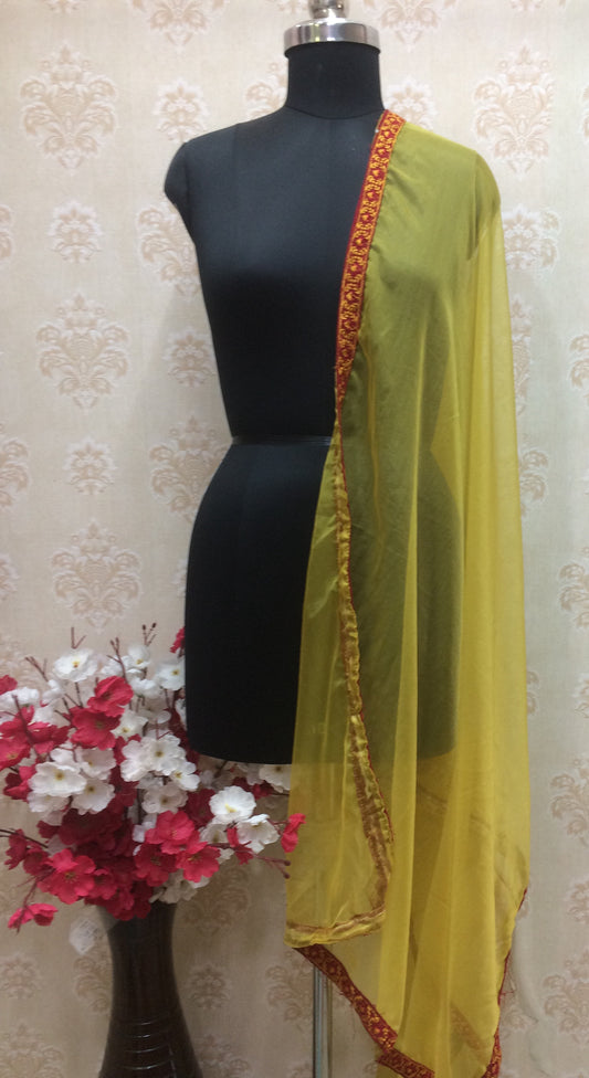 Mustard Yellow organza Dupatta with Red Embroidered Border