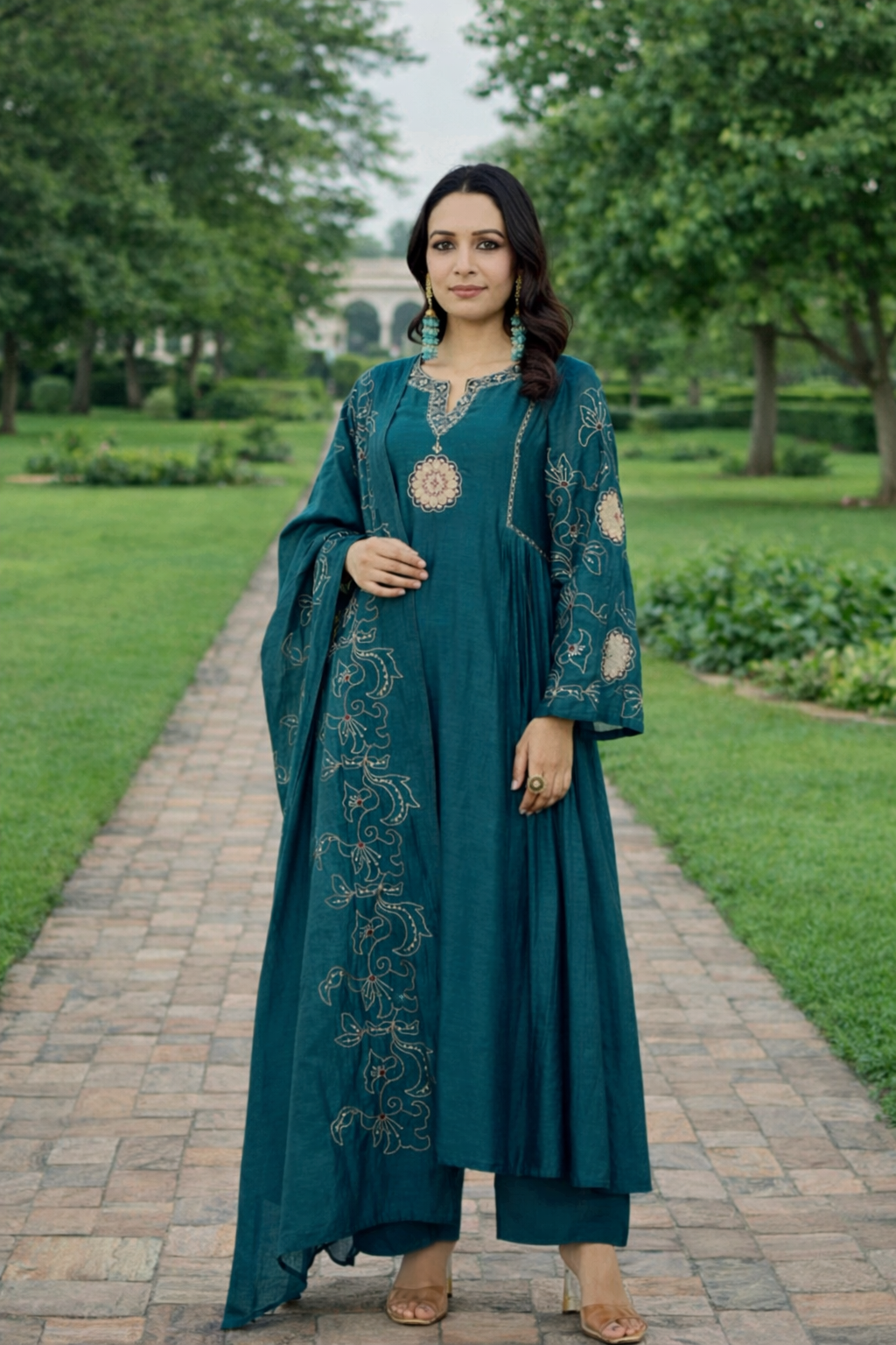 Firdous Chanderi Teal anarkali set