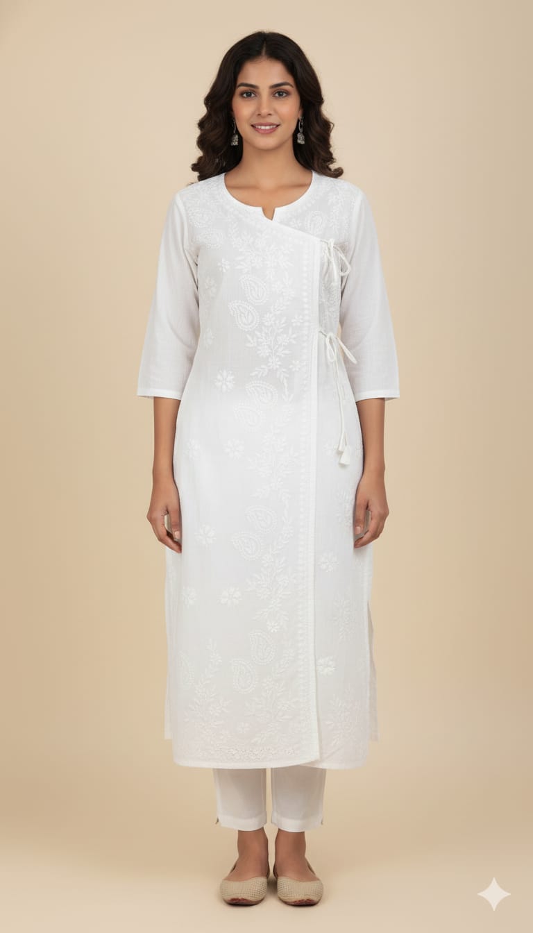 Kubra Authentic Lucknowi Chikankari White Cotton Angrakha Kurti