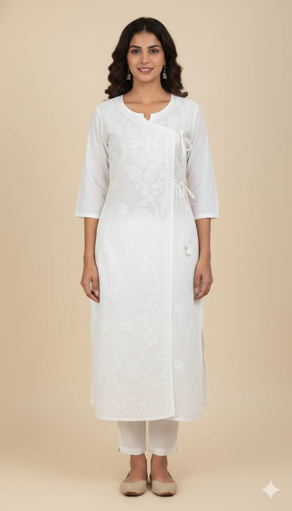 Kubra Authentic Lucknowi Chikankari White Cotton Angrakha Kurti