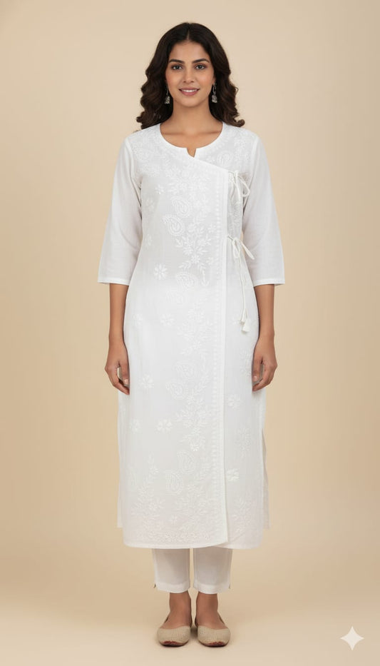 Authentic Lucknowi Chikankari White Cotton Angrakha Kurti